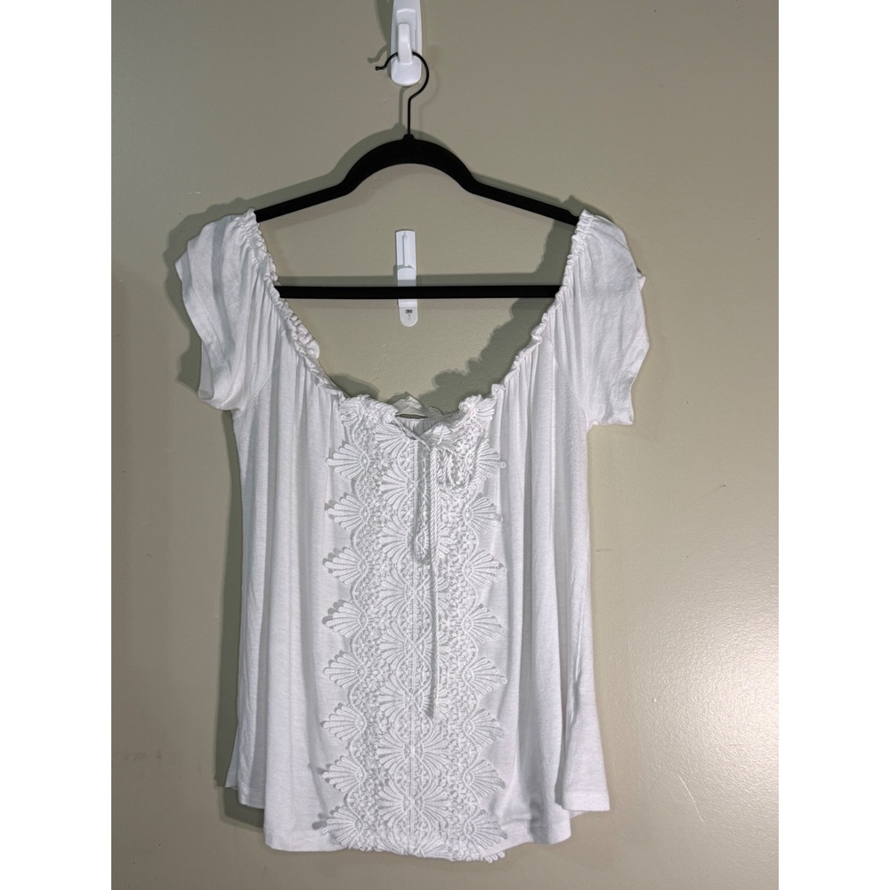 No Comment NY-LA White Crochet Lace Peasant Top Off Shoulder Boho Blouse 3D206 L